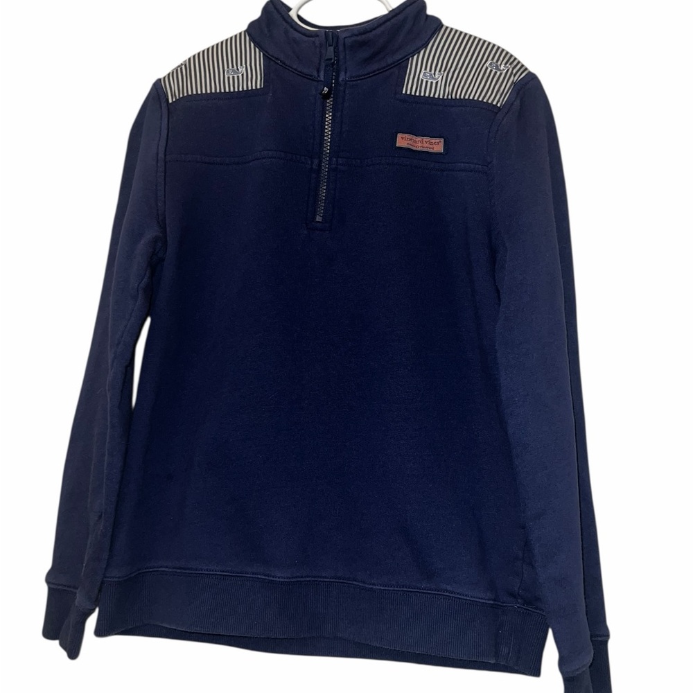 Vineyard Vines girls navy blue stripe whale quarter zip sweatshirt sz lg 14